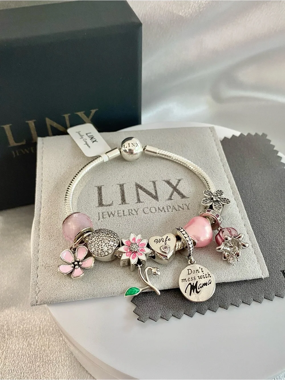 Linx Snake Chain Bracelet with Wife and Mom Themed Charms